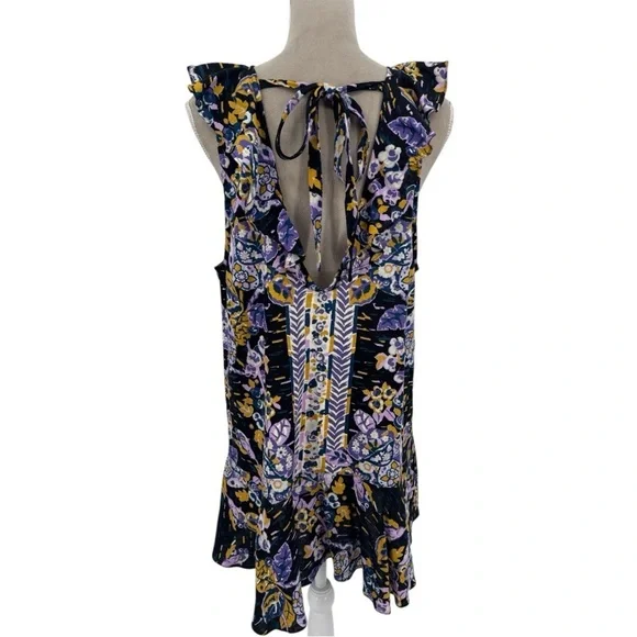 Free People Summer In Tulum Boho Linen Tunic Top Mini Dress Black Purple Medium - Picture 7 of 13